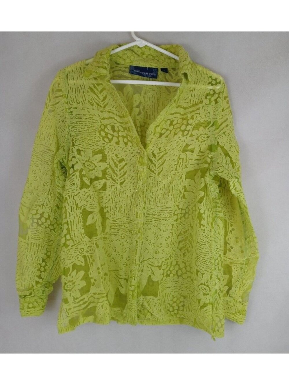 Susan Graver Style Women's Bright Green Sheer Floral Lace Blouse Size Small